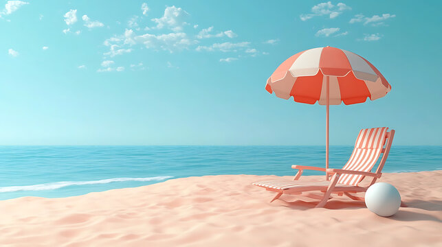 Red and white beach umbrella with lounge chair on pink sand, 3d render of tropical summer vacation with ocean and cyan sky

