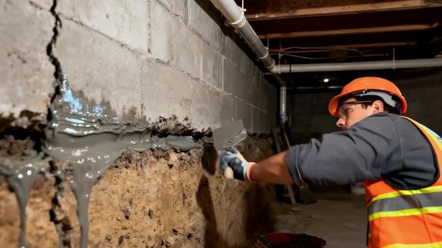 Medium shot of a worker applying epoxy resin to seal a deep foundation crack ensuring a durable waterproof barrier for basement protection.