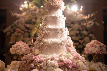 Five tier wedding cake is beautifully decorated with a cascade of pink and white flowers, creating an elegant centerpiece for a luxurious celebration
