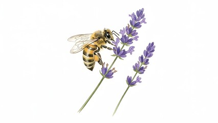 Detailed watercolor illustration of a honey bee pollinating purple lavender flowers on a white background.