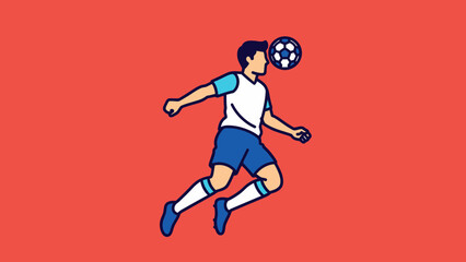 Obraz premium Male soccer player heading the football during a jump, isolated on a vibrant red background.