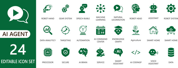 AI agent icons featuring automation, intelligence, learning,  innovation, agent, robotics, technology, customer service system