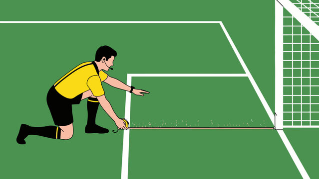 Male soccer referee measuring the distance for a free kick or penalty on a green football field.