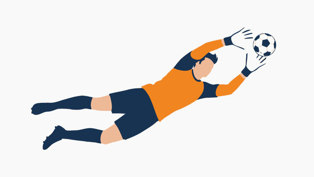 Male soccer goalkeeper in orange uniform diving to save a football, isolated on a light grey background.