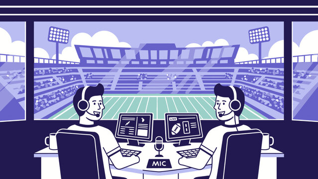 Two Male Sports Commentators Wearing Headsets and Discussing a Game in a Broadcast Booth Overlooking a Stadium Field