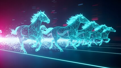 Digital wireframe horses running in a futuristic glowing cyberspace environment with vibrant light trails.