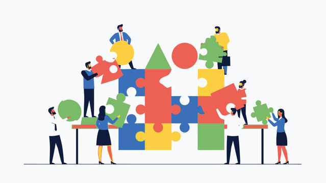 Diverse business team collaborating to assemble a colorful jigsaw puzzle, symbolizing teamwork and problem-solving in a bright studio.