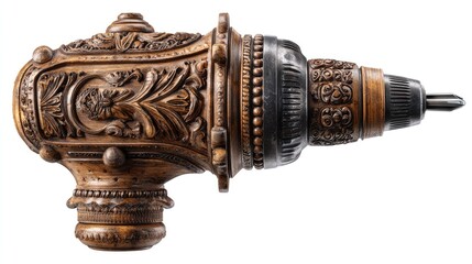 Artisan Drill: An exquisite antique drill, masterfully carved with intricate floral designs, speaks of a bygone era of craftsmanship and the enduring beauty of handcrafted tools.
