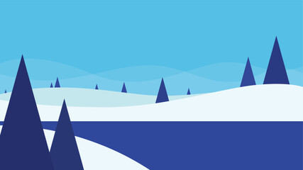 Simple and minimalist winter landscape flat illustration with frozen blue lake and pine tree on a snowy land and clear blue sky suitable for seasonal designs and December events.