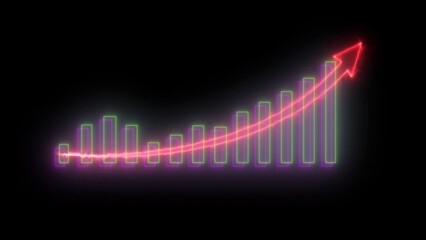 Glowing green bar chart with red upward trend line on black background
