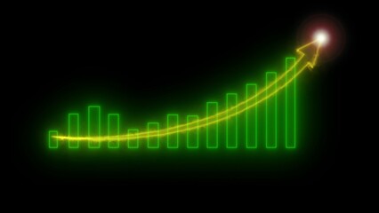 Glowing green bar chart with upward yellow arrow and light effect on dark background