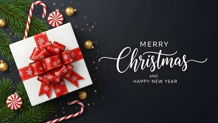 Elegant Christmas Greeting with Luxury Gift Box, Red Ribbon, and Festive Decorations on Dark Background