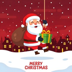 Cute Chubby Santa Claus Swinging with Gift in Festive Flat Vector Christmas Illustration