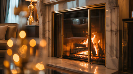 Elegant marble fireplace burning logs with warm bokeh background light