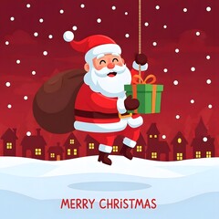 Cute Chubby Santa Claus Swinging with Gift in Festive Flat Vector Christmas Illustration