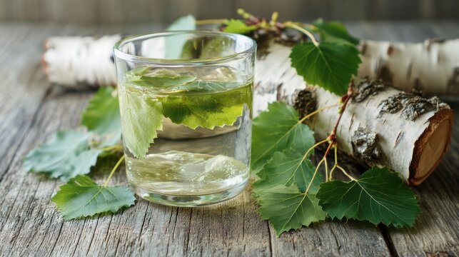 Clear glass of birch leaf herbal infusion surrounded by fresh green leaves and birch wood, representing natural medicine, detox, and traditional herbal remedies.