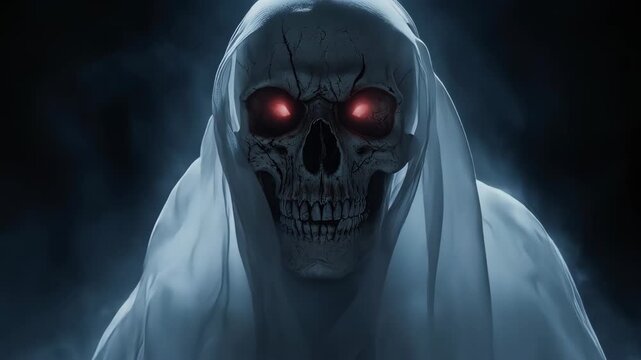 Creepy skull ghost with glowing red eyes covered in white shroud