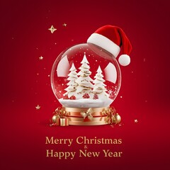 Festive Christmas Snow Globe with Santa Hat and Elegant Gold Decorations on Red Background