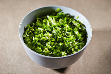 Chopped green onions in a bowl