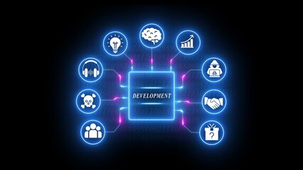 Neon blue digital development concept with interconnected and glowing lines on dark background