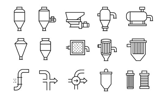 Industrial equipment icons: valves, filters, hoppers, cyclones, pipes