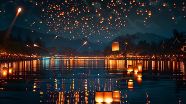 Sky lanterns illuminate night sky over tranquil lake during festival celebration