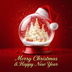Festive Christmas Snow Globe with Santa Hat and Elegant Gold Decorations on Red Background