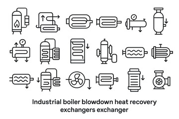 Industrial boiler blowdown heat recovery exchangers outline icons set
