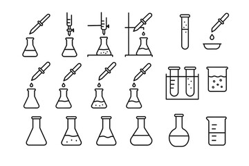 Obraz premium Collection of laboratory equipment icons: flasks, beakers, test tubes, droppers