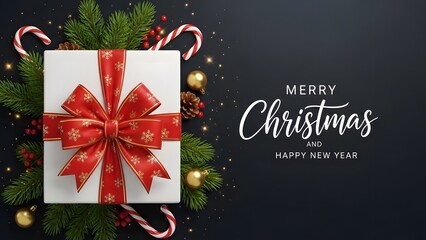 Elegant Christmas Greeting with Luxury Gift Box, Red Ribbon, and Festive Decorations on Dark Background
