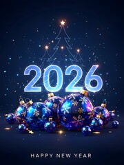 Futuristic New Year 2026 Celebration with Glowing Numbers and Iridescent Ornaments on Dark Blue Background