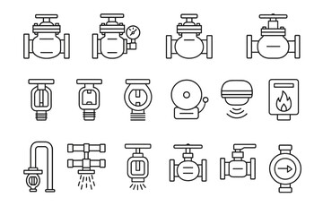 Line art icons of fire safety equipment and valves