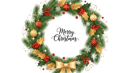 Elegant Christmas Wreath with Merry Christmas Calligraphy in Modern Flat Vector Style