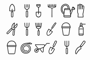 Simple gardening tools icon set including trowel, rake, and watering can