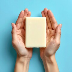 Hands holding a bar of plain white soap