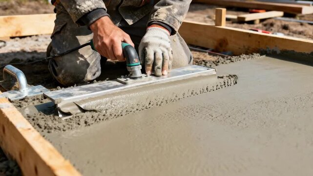 Medium shot of a mason aligning a vibrating screed tool while checking surface flatness during concrete floor installation
