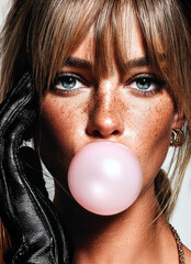 Ultra-Clean Fashion Editorial Portrait with Pink Bubble Gum