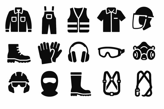 Collection of safety equipment icons featuring helmets, gloves, boots, and protective wear