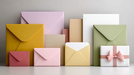 Minimal stationery scene of assorted pastel envelopes and cards arranged upright on a neutral background, featuring a small white gift box wrapped with a pink ribbon bow.