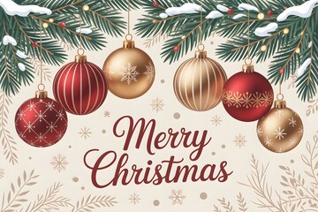 Festive Christmas ornaments on pine branch with merry text and snowflakes silhouette