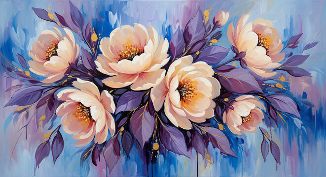 Abstract acrylic painting of peach flowers and purple leaves 3D Wall Mural. floral landscapes. 3d floral art, floral wallpaper, Luxurious textile tile wall art
