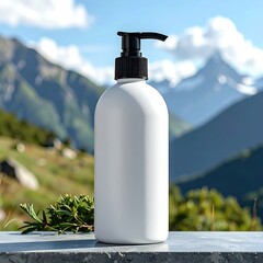 White plastic pump bottle on stone, mountain backdrop
