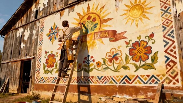 Artisan carefully crafting a largescale mural featuring traditional symbols on a rustic barn wall celebrating heritage through outdoor painting