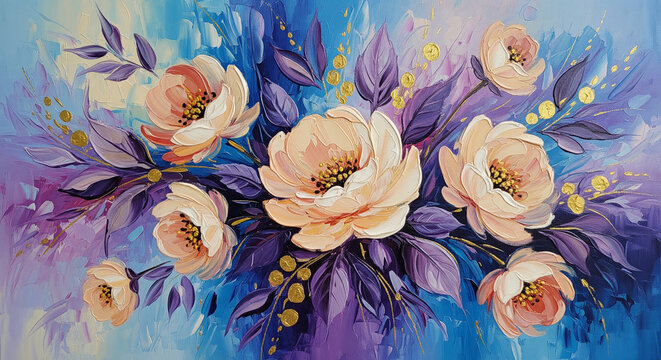 Abstract acrylic painting of peach flowers and purple leaves 3D Wall Mural. floral landscapes. 3d floral art, floral wallpaper, Luxurious textile tile wall art