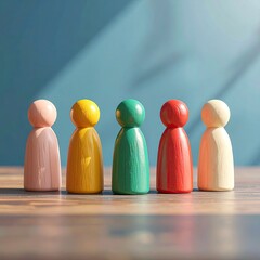 Colorful wooden figures in a row against a teal background. Sunlight highlights the figures