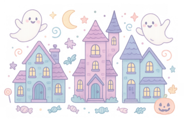 Kawaii pastel haunted houses with smiling ghosts, moon, stars, and candies, celebrating halloween night, transparent background