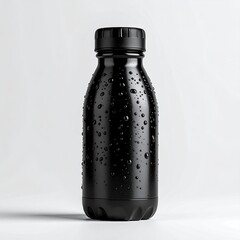 A black, glossy water bottle with condensation
