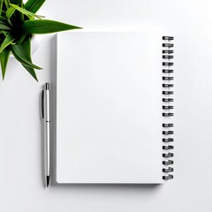 Flat lay of a blank spiral-bound notebook, pen, and plant