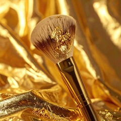 Close-up of a makeup brush, gold flecks, golden background