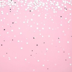 Pink backdrop scattered with silver and white star-shaped confetti